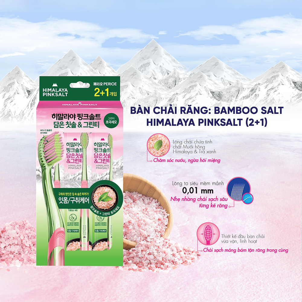 Bàn chải răng Bamboo Salt Himalaya Pink Salt Green Tea vỉ  2 + 1